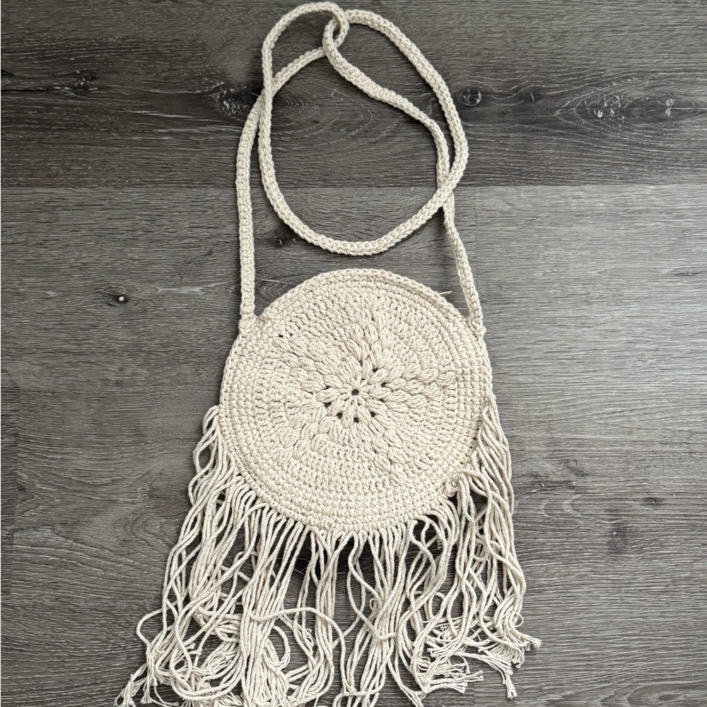 Handmade Boho Tan Knit Crossbody Bag